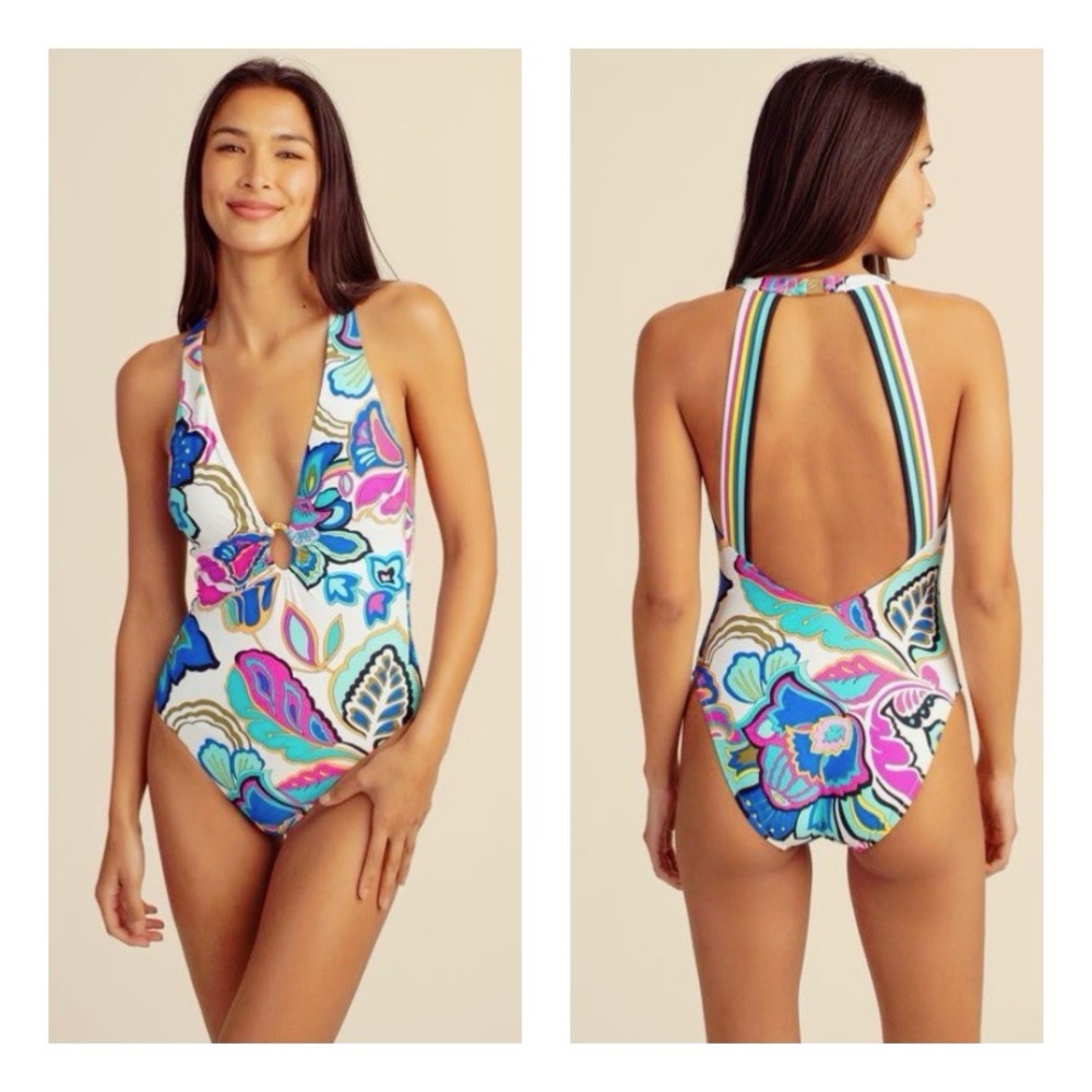 Trina Turk Mandalay Floral Plunge One Piece Swimsuit Size 6 NWT